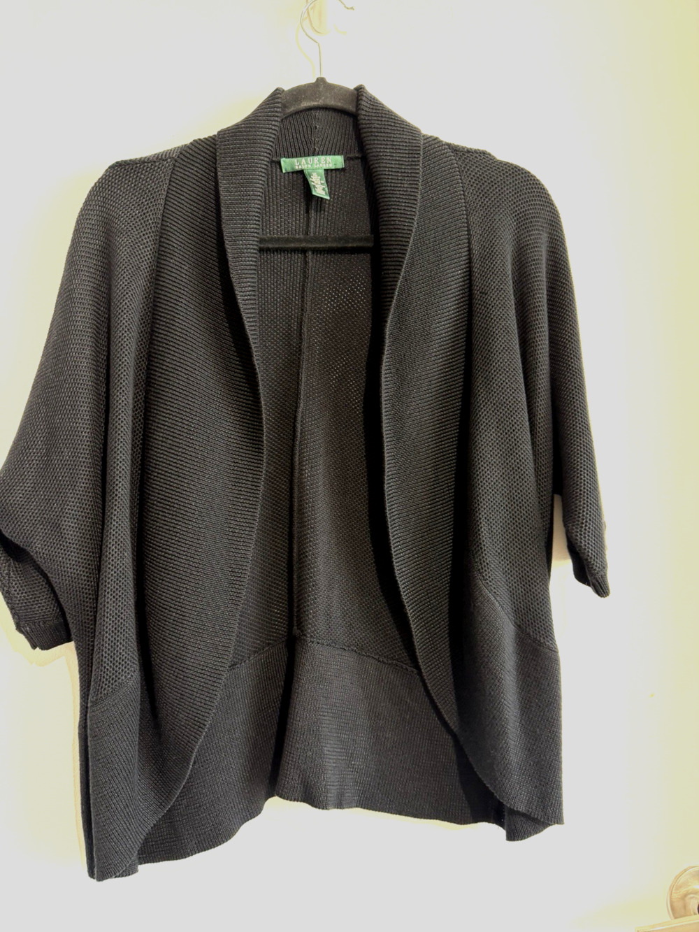 Ralph Lauren Black Draped Shawl Collar open Shrug Cardigan XL Heavy Knit Dolman